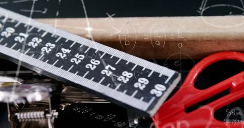 Image of mathematical data processing over school items Foto stock