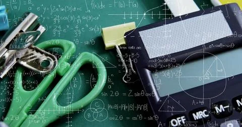 Image of mathematical data processing over school items Stock Photos