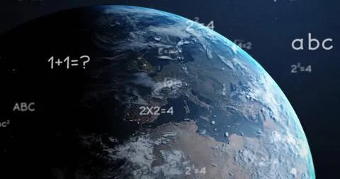 Image of mathematical data processing over globe on blue background 写真素材
