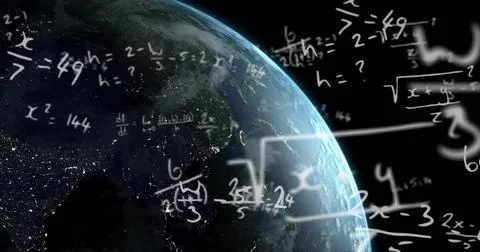 Image of mathematical data processing over globe on blue background Stock Photos