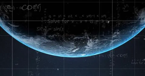 Image of mathematical data processing over globe on blue background 写真素材