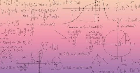 Image of mathematical data processing over pink background Stock Photos