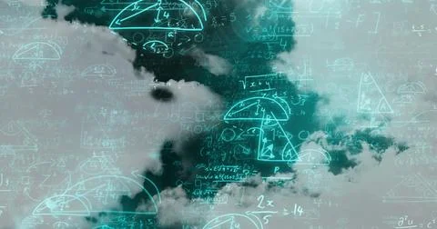 Image of mathematical data processing over clouds background Stock Photos