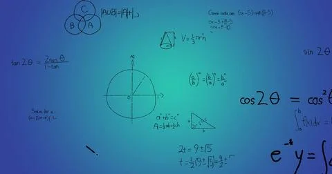 Image of mathematical data processing over blue background Foto stock