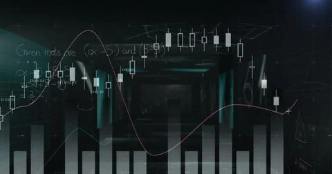 Image of mathematical equations and bar graphs against screens with data Illustrazione stock
