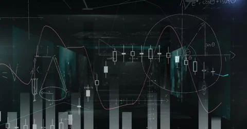 Image of mathematical equations and bar graphs against screens with data Illustrazione stock