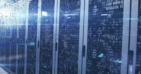 Image of mathematical equations and binary coding over computer servers 스톡 사진