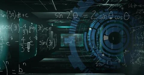 Image of mathematical equations and circular scanner over interface screens on Illustrazione stock