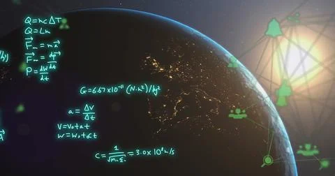 Image of mathematical equations and connected icons over rotating globe Stock Photos