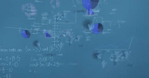 Image of mathematical equations and data processing on blue background Illustrazione stock