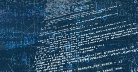 Image of mathematical equations and data processing on blue background Stockillustratie