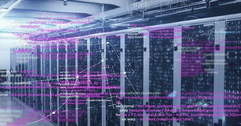 Image of mathematical equations and data processing over computer servers Stock Illustration