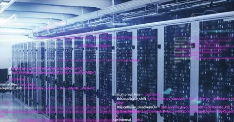 Image of mathematical equations and data processing over computer servers Stock Illustration