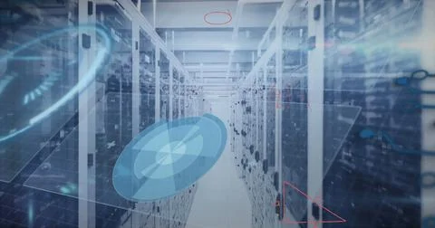 Image of mathematical equations and data processing against computer server room イラスト素材