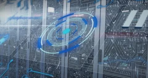 Image of mathematical equations and data processing against computer server room Stock Illustration