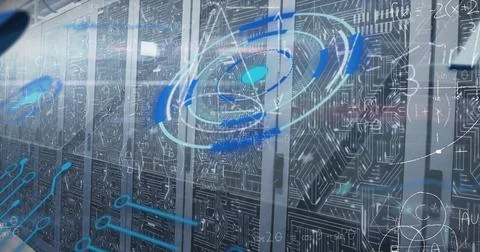 Image of mathematical equations and data processing against computer server room Stock Illustration