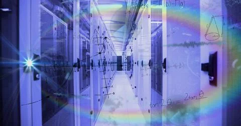 Image of mathematical equations and data processing over rainbow lens flare Stock Illustration