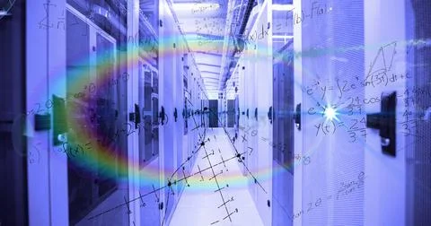 Image of mathematical equations and data processing over rainbow lens flare Illustrazione stock