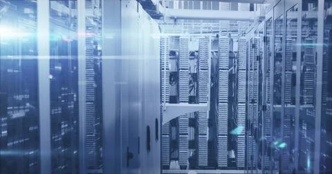 Image of mathematical equations and data processing against computer server room イラスト素材