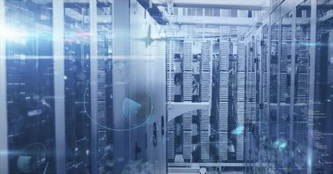 Image of mathematical equations and data processing against computer server room イラスト素材