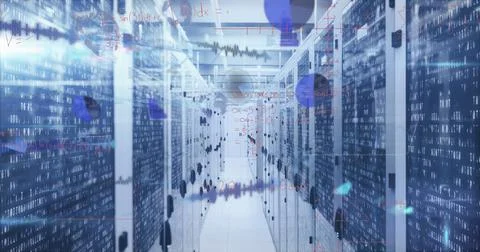 Image of mathematical equations and data processing against computer server room Stock Illustration