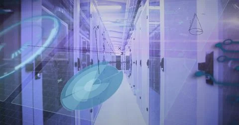 Image of mathematical equations and data processing against computer server room Illustrazione stock