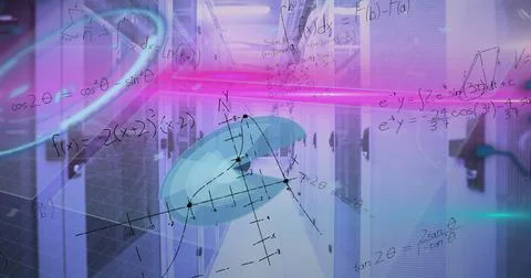 Image of mathematical equations and data processing against computer server room Stock-Illustration