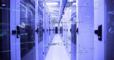 Image of mathematical equations and data processing over rainbow lens flare Illustrazione stock