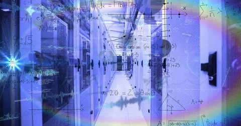 Image of mathematical equations and data processing over rainbow lens flare Illustrazione stock