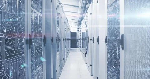 Image of mathematical equations and data processing against computer server room Stock Illustration