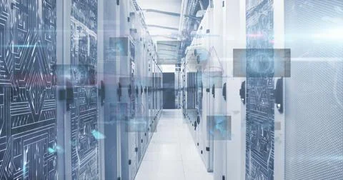 Image of mathematical equations and data processing against computer server room 스톡 일러스트