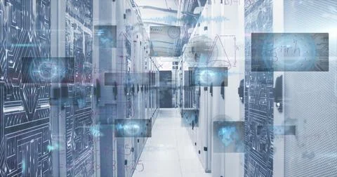 Image of mathematical equations and data processing against computer server room Stockillustratie