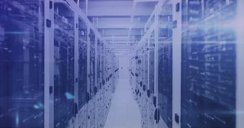 Image of mathematical equations and data processing against computer server room Illustrazione stock