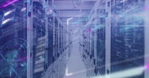 Image of mathematical equations and data processing against computer server room Stock Illustration