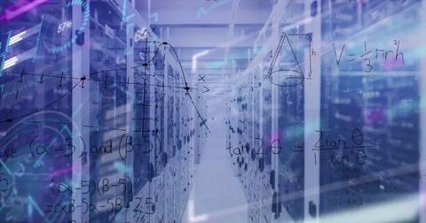 Image of mathematical equations and data processing against computer server room Illustrazione stock