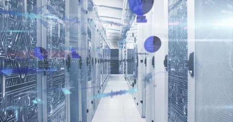 Image of mathematical equations and data processing against computer server room Stock Illustration