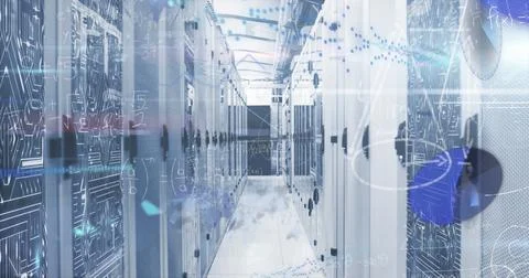 Image of mathematical equations and data processing against computer server room Stock Illustration