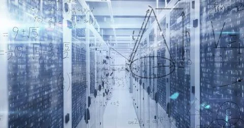 Image of mathematical equations and data processing against computer server room Stock-Illustration