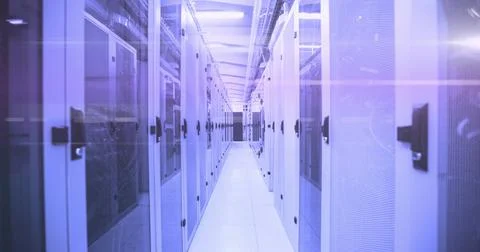 Image of mathematical equations and data processing against computer server room Stock Illustration