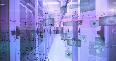 Image of mathematical equations and data processing against computer server room Illustrazione stock