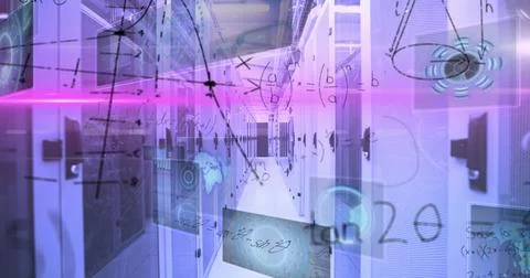 Image of mathematical equations and data processing against computer server room イラスト素材