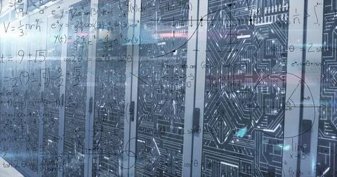 Image of mathematical equations and data processing against computer server room Stock Illustration