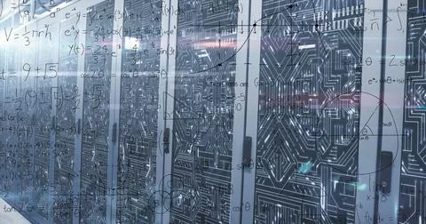 Image of mathematical equations and data processing against computer server room Stock Illustration