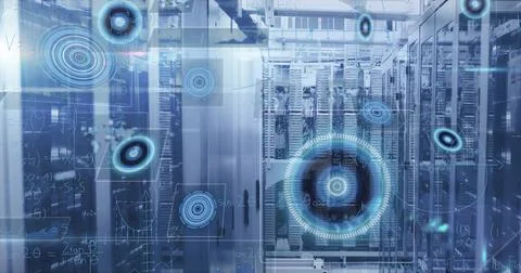 Image of mathematical equations and data processing against computer server room イラスト素材