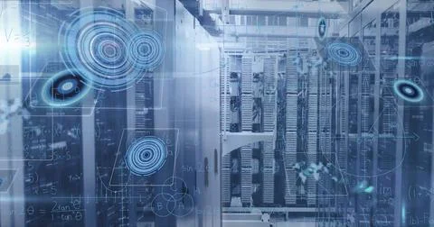 Image of mathematical equations and data processing against computer server room Stock Illustration