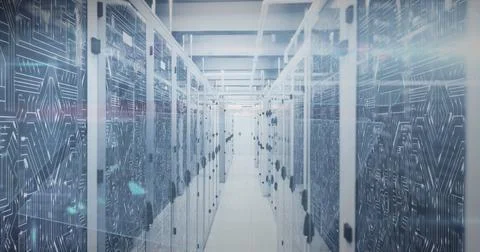 Image of mathematical equations and data processing against computer server room Illustrazione stock