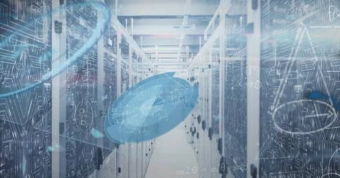 Image of mathematical equations and data processing against computer server room Illustrazione stock