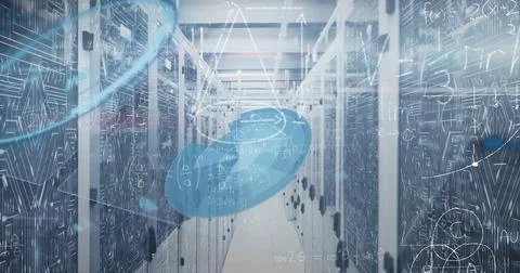 Image of mathematical equations and data processing against computer server room Stock Illustration