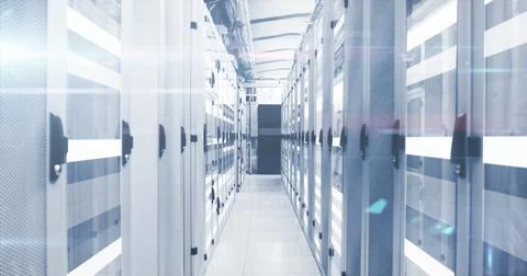 Image of mathematical equations and data processing against computer server room Stock-Illustration