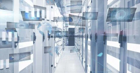 Image of mathematical equations and data processing against computer server room Illustrazione stock